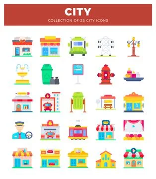 Flat vector city icons collection with diverse buildings and objects. Stock Illustration