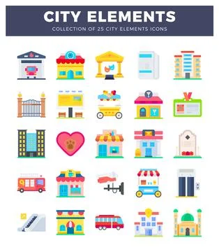 Flat vector city icons collection set Stock Illustration