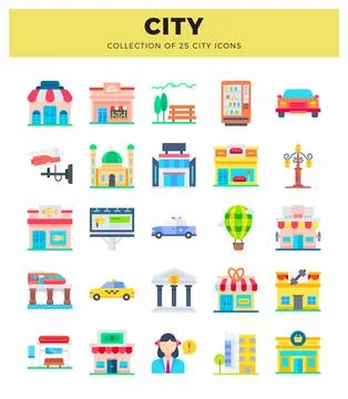 Flat vector city icons collection on white background Stock Illustration