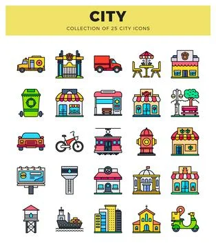Flat vector city icons collection on white background. representing urban lif Illustrazione stock