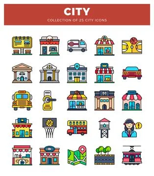 Flat vector city icons collection set Stock Illustration