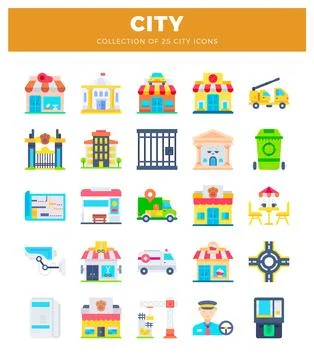 Flat vector city icons depicting buildings. services. and transportation in.. イラスト素材