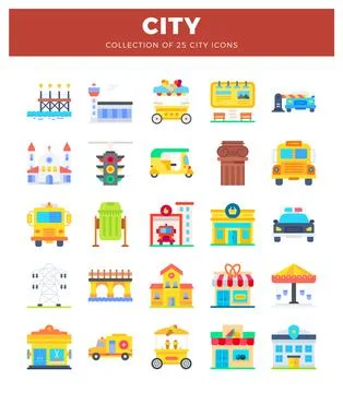 Flat vector city icons featuring urban elements and transportation Stock Illustration