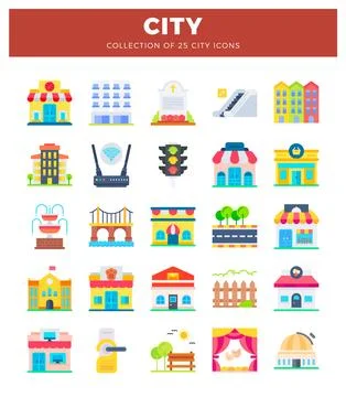 Flat vector city icons featuring buildings. traffic. and landmarks. Illustration
