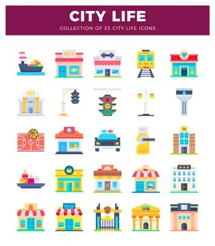 Flat vector city life icons collection showing various urban buildings and .. Illustrazione stock