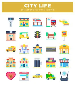 Flat vector city life icons collection Stock Illustration