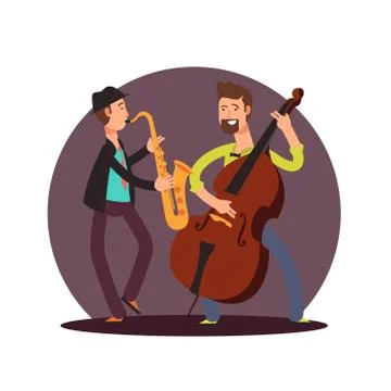 Flat vector classic instrumental duet musicians cartoon characters Stock Illustration