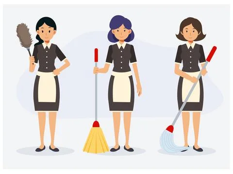 Flat vector of cleaning service concept, 3 of maid with cleaning equipment,br Stock Illustration