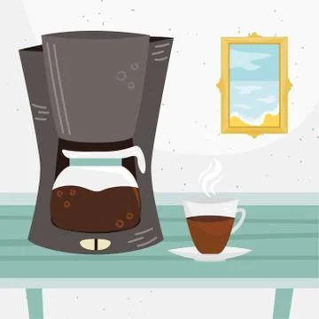 Flat vector coffee maker and a cup of coffee on the table. Alternative method Stock Illustration