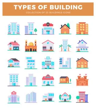 Flat vector collection of diverse building icons on white background. Illustrazione stock