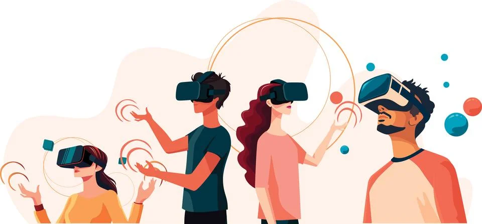 Flat vector collection featuring young people wearing virtual reality glasses Stock Illustration