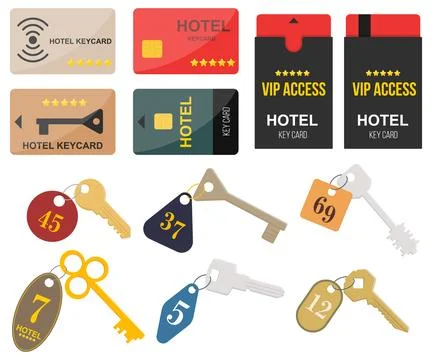 Flat vector collection of hotel key cards, VIP access passes, and classic roo Stock Illustration