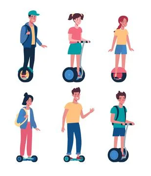 Flat vector collection with kids on electric transport. Children ride gyroboards Stock Illustration