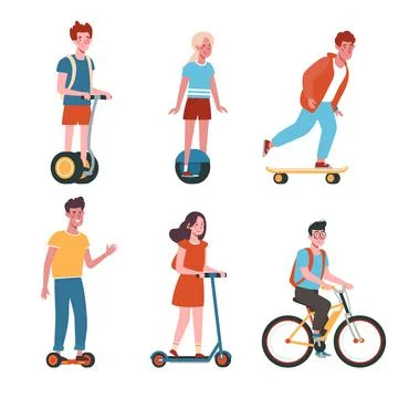 Flat vector collection with kids on electric transport. Children ride bicycles Stock Illustration