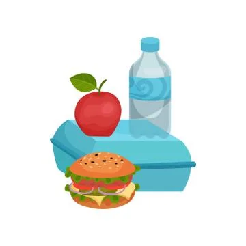 Flat vector composition of school lunch. Tasty sandwich, ripe apple, bottle of 스톡 일러스트