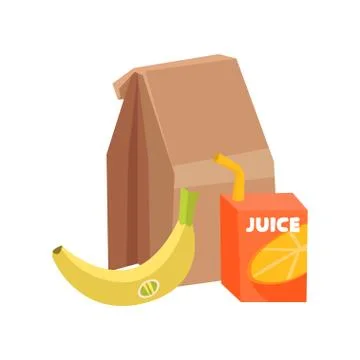 Flat vector composition of school lunch. Paper bag, ripe banana and box of juice Stock Illustration