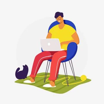 Flat vector concept illustration. A freelancer  working at home with cat. C.. Stock Illustration