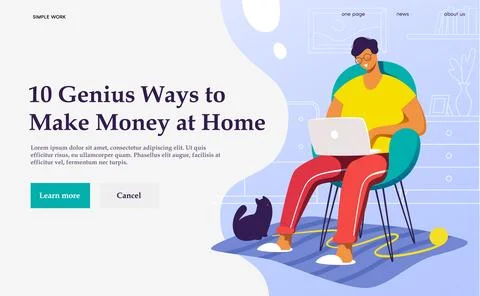 Flat vector concept illustration. A freelancer  working at home with cat. Stock Illustration