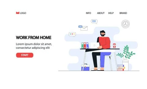 Flat vector concept illustration. A man freelancer working at home with laptop Stock Illustration