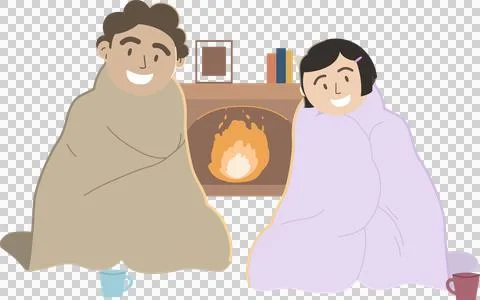 Flat vector couple is sitting in blankets by fire mantel with books, mugs, Ilustração Stock