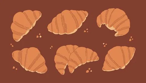 Flat vector croissant set in warm brown tones. Cute bakery illustrations Stock Illustration