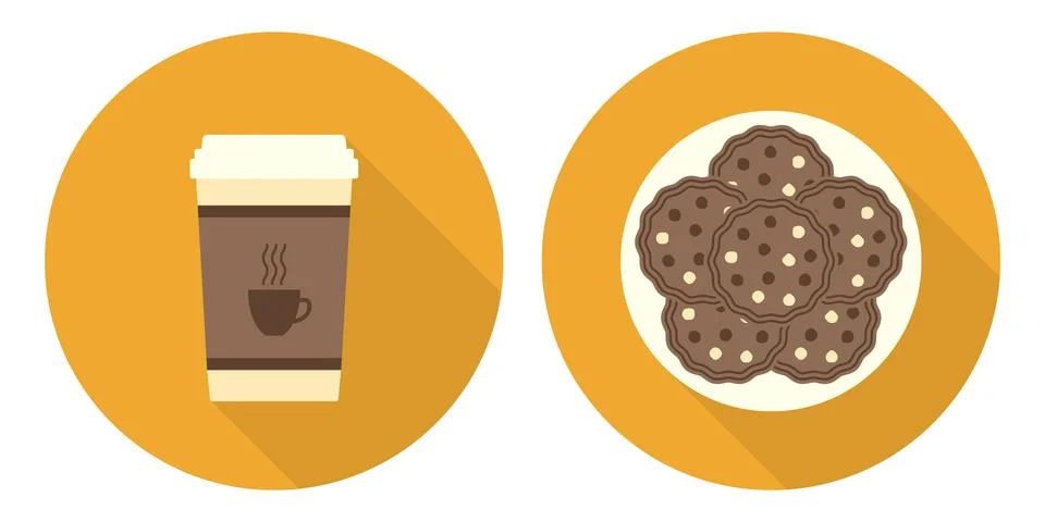 Flat vector cup of coffee, plate with cookies Stock Illustration