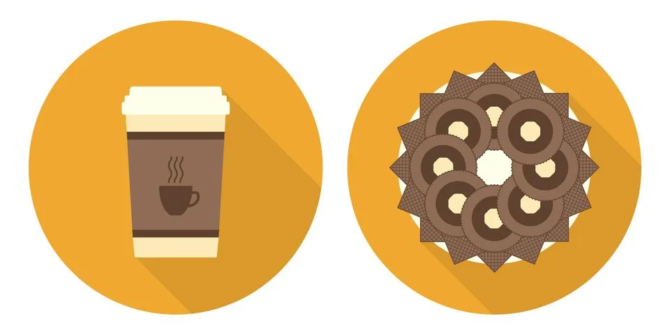 Flat vector cup of coffee, plate with cookies and wafers Stock Illustration