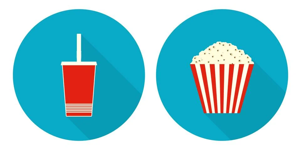 Flat vector cup of cola and bucket of popcorn Stock Illustration