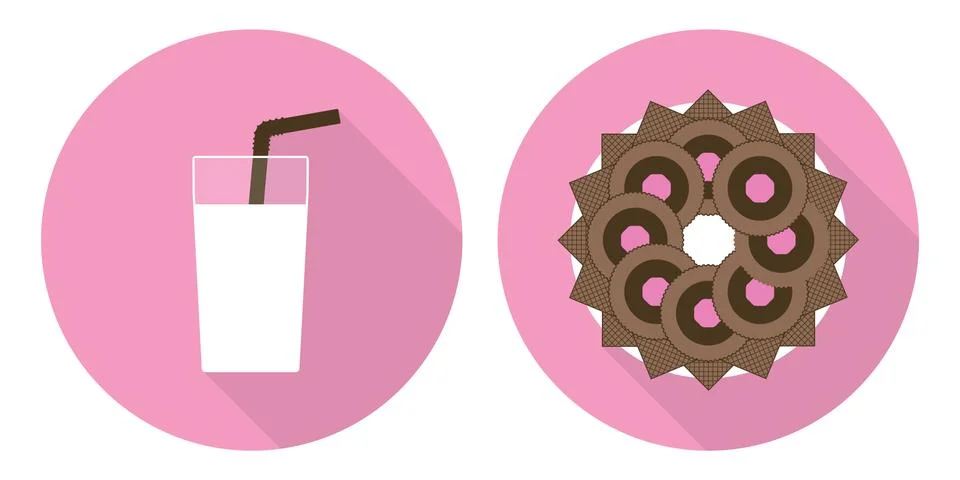 Flat vector cup of glass of milk and plate with cookies Stock Illustration