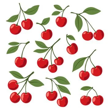 Flat Vector Cute Cartoon Cherry Icon Set. Single, Pair of Cherries and Cluster Illustrazione stock