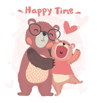 Flat vector cute happy daddy and kid autumn teddy bear smile, hug with happy  Stock Illustration