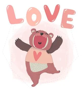 Flat vector cute pink teddy bear open mouth smile with love word hand writing, c 库存插图