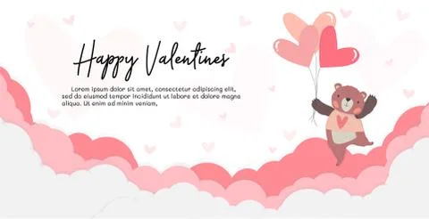 Flat vector cute teddy bear hold heart balloons floating on pink cloud with h Stock Illustration