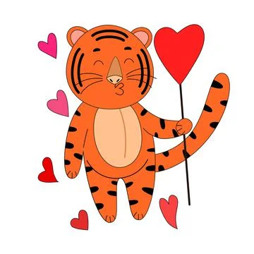 Flat vector cute tiger with hearts, cute animal. Stock Illustration