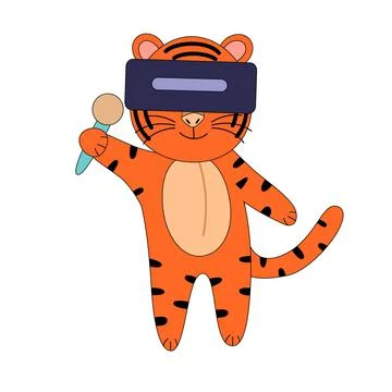 Flat vector cute tiger playing computer games. Illustrazione stock