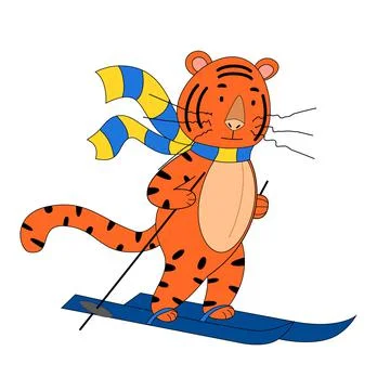Flat vector cute tiger skiing, cute animal. symbol of 2022 on an isolated white Stock Illustration