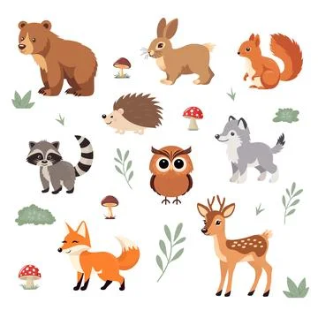 Flat Vector Cute Wild Animals Set - Grizzly Bear, Hare or Rabbit, Squirrel 스톡 일러스트