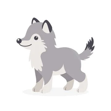 Flat Vector Cute Wolf. Little Wolf or Dog Icon. Adorable Walking Wolf Cartoon Stock Illustration