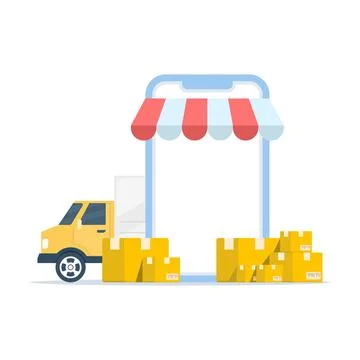 Flat vector of delivery van, cardboard boxes, and smartphone app. Stock Illustration
