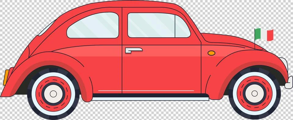 Flat vector is depicting red retro city car, Italian flag decal, transparent Stock Illustration