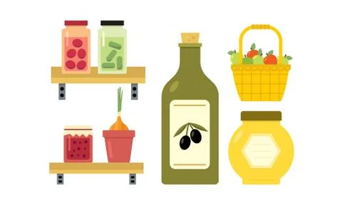 Flat vector design of basket with apples, pickled cucumbers and tomatoes, jar of Stock Illustration