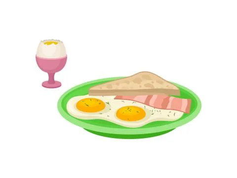 Flat vector design of boiled egg in pink cup, green plate with fried eggs, slice Illustrazione stock