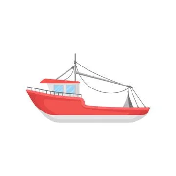 Flat vector design of bright red fishing boat. Big marine vessel. Element for Illustrazione stock