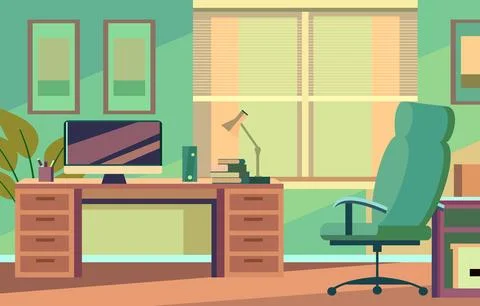 Flat Vector Design of Colorful Office Room with Monitor and Bookshelf in Wo.. Stockillustratie