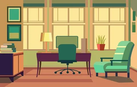 Flat Vector Design of Colorful Workspace Landscape with Modern Furniture 库存插图