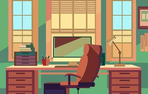 Flat Vector Design of Colorful Workspace Landscape with Monitor and Station.. 库存插图