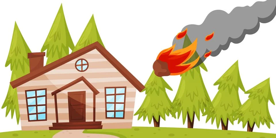 Flat vector design of flaming meteorite falling on the house, green fir trees on Illustrazione stock
