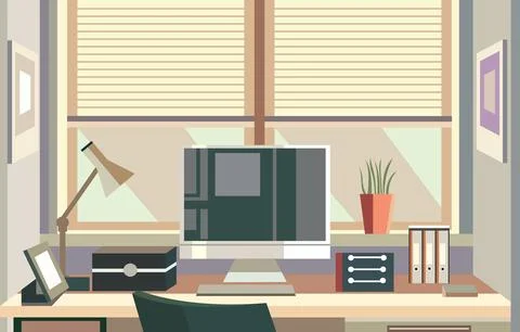 Flat Vector Design of Modern Workplace Landscape in the Office with Compute.. イラスト素材