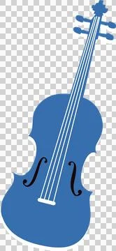 Flat vector design is showing blue violin with four strings, tuning pegs, Stock Illustration