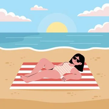 Flat vector design showing a female character enjoying the sunny beach Stock Illustration